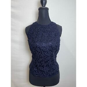 Carmen Marc Valvo Navy Lace Beaded Sleeveless Top – Size 4